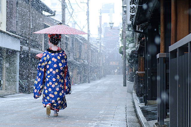 【京都の写真素材レンタル】舞妓 祇園 雪 冬